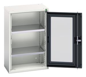 Verso window door cupboard with 2 shelves. WxDxH: 525x350x800mm. RAL 7035/5010 or selected Verso Glazed Clear View Storage Cupboards for Tools with Shelves